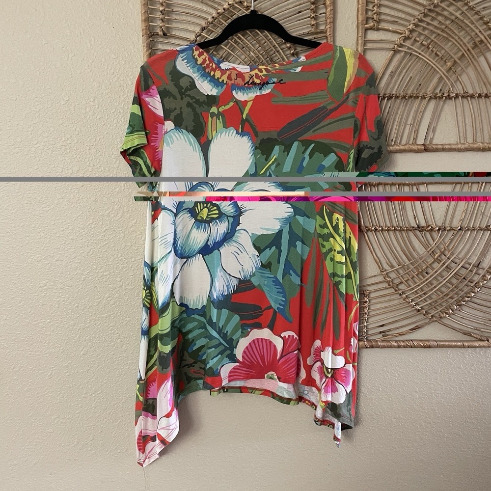 Desigual Red Floral Blouse Top Tunic Trapeze Sidetail Boho Artsy Colorful S B3 - Picture 4 of 12